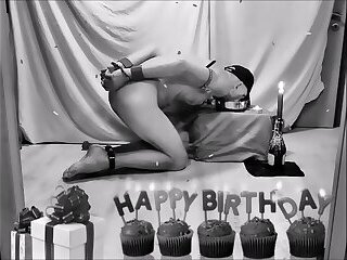 naked pathetic slave in penis cage his birthday surprice, candle light breakfast